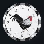 Rooster met zwarte witte cheque grote klok<br><div class="desc">Geweldige Rooster-ontwerp in een hedendaags kleurenschema voor het boerderij en een kippenliefhebber! Getoond in grote ronde optie.</div>