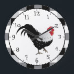 Rooster met zwarte witte cheque grote klok<br><div class="desc">Geweldige Rooster-ontwerp in een hedendaags kleurenschema voor het boerderij en een kippenliefhebber! Getoond in grote ronde optie.</div>