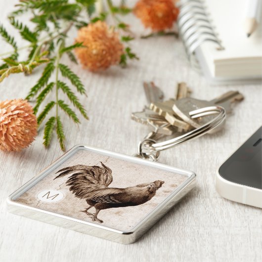  Rooster Monogram Vierkante Sleutelhanger (Zijkant)
