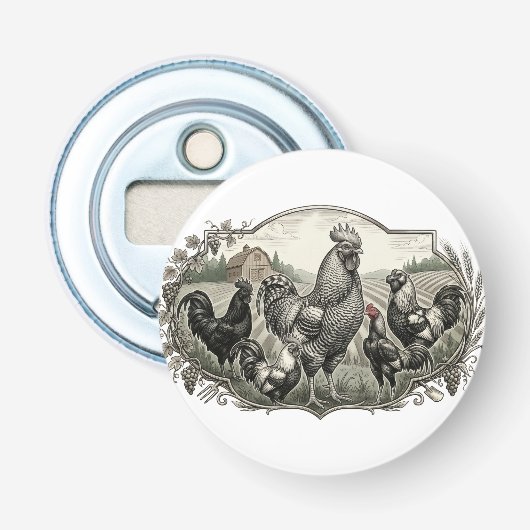 Rooster op de boerderij button flesopener (Voorkant)