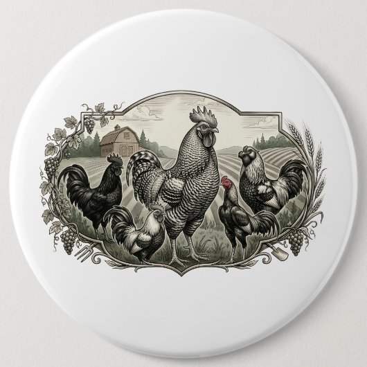 Rooster op de boerderij ronde button 6,0 cm (Voorkant)