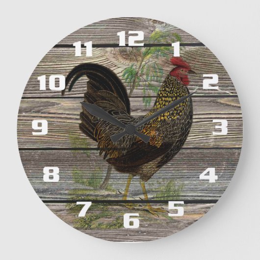  rooster op oude houten planken keuken grote klok (Voorkant)