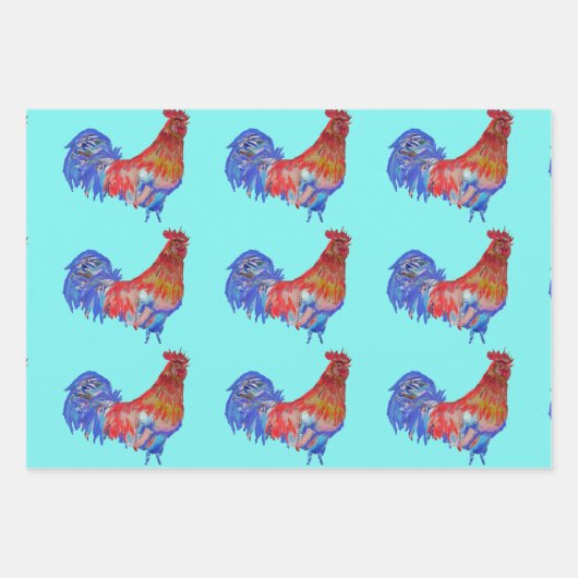 Rooster Red Chicken Cochle Bird Waterverf Art Inpakpapier Vel (Voorkant 3)