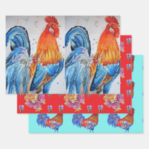 Rooster Red Chicken Cochle Bird Waterverf Art Inpakpapier Vel