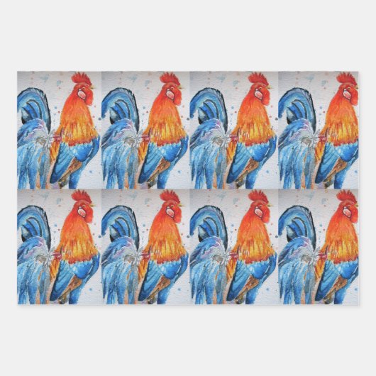 Rooster Red Chicken Cochle Bird Waterverf Art Inpakpapier Vel (Voorkant 3)