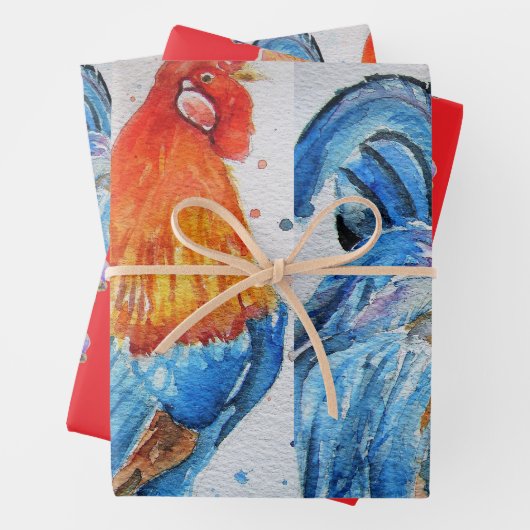 Rooster Red Chicken Cochle Bird Waterverf Art Inpakpapier Vel (In situ)
