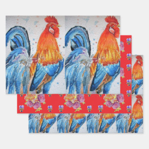 Rooster Red Chicken Cochle Bird Waterverf Art Inpakpapier Vel