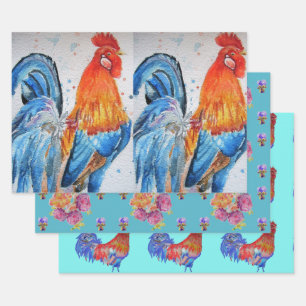 Rooster Red Chicken Cochle Bird Waterverf Art Inpakpapier Vel
