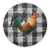 Rooster Rustic Farmhouse Black White Gingham Check Keramische Knop (Voorkant)