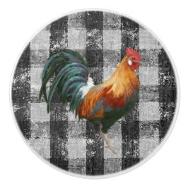 Rooster Rustic Farmhouse Black White Gingham Check Keramische Knop