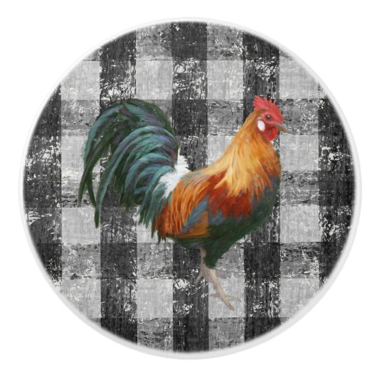 Rooster Rustic Farmhouse Black White Gingham Check Keramische Knop (Voorkant)