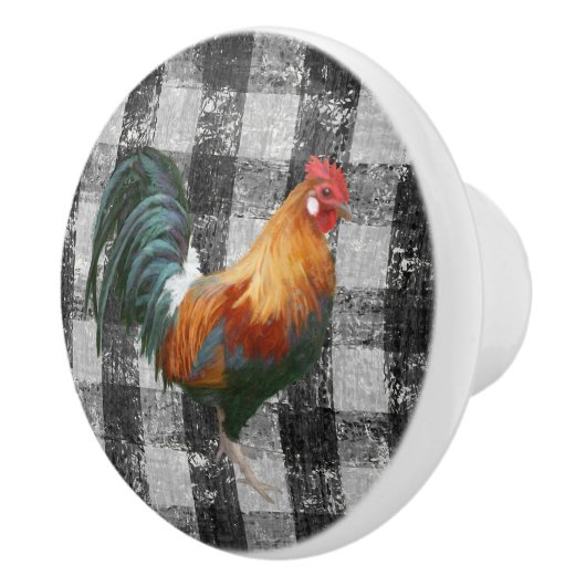 Rooster Rustic Farmhouse Black White Gingham Check Keramische Knop (Rechts)