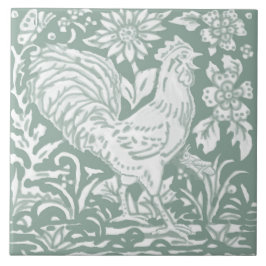 Rooster Sage Green Garden Scene Chicken Butterfly Tegeltje