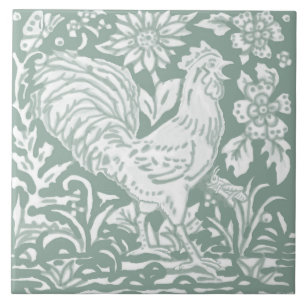 Rooster Sage Green Garden Scene Chicken Butterfly Tegeltje