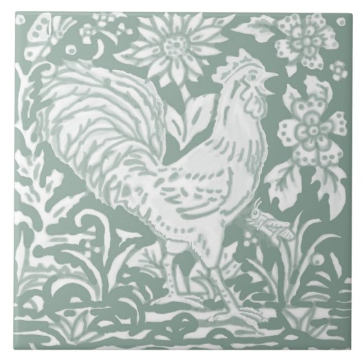 Rooster Sage Green Garden Scene Chicken Butterfly Tegeltje (Voorkant)