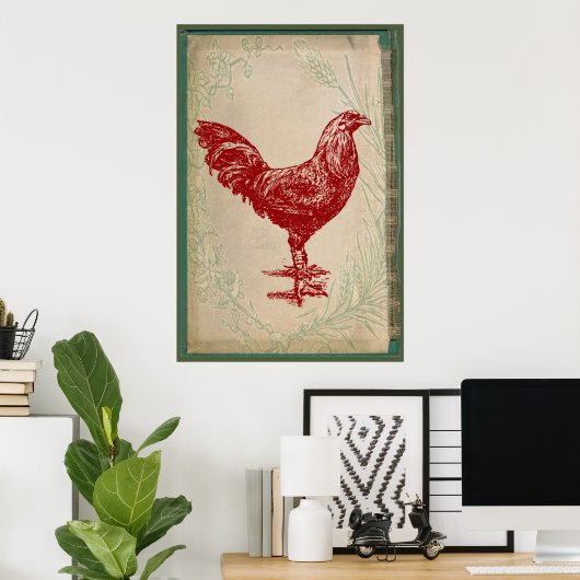 Rooster Shabby Chic Grunge Chicken Poster (Thuiskantoor)