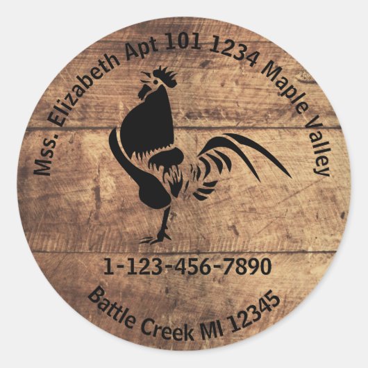 Rooster Silhouette Home of Business Contact Info K Ronde Sticker (Voorkant)