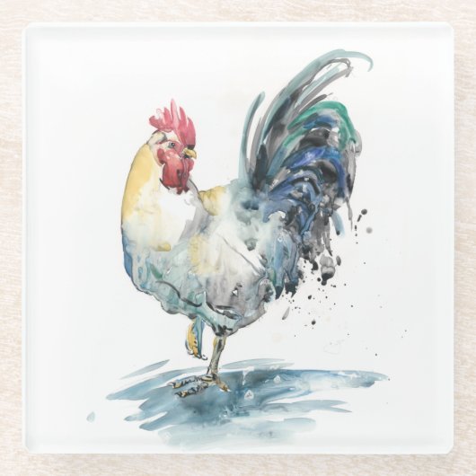 Rooster Splash - Waterverf Glazen Onderzetter (Voorkant)