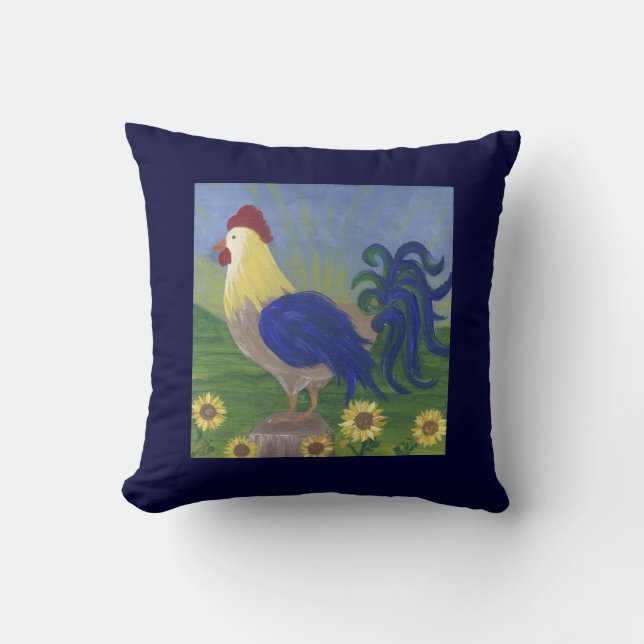 Rooster Sunrise op marineblauw kussens met dubbelz (Voorkant)