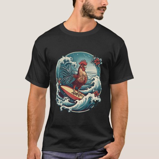 Rooster Surfer Chicken Surfing Kauai Hawaiian Surf T-shirt (Voorkant)