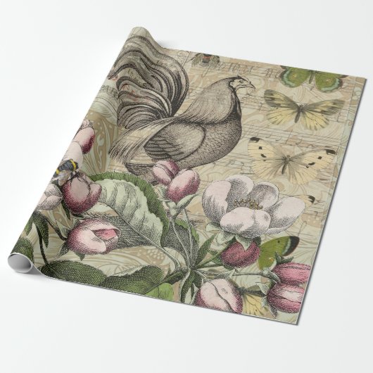 Rooster Tuin Bloem Vlinder Kunst Cadeaupapier (Uitgerold)