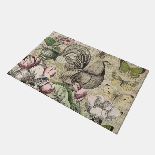 Rooster Tuin Bloem Vlinder Kunst Deurmat (Schuin)