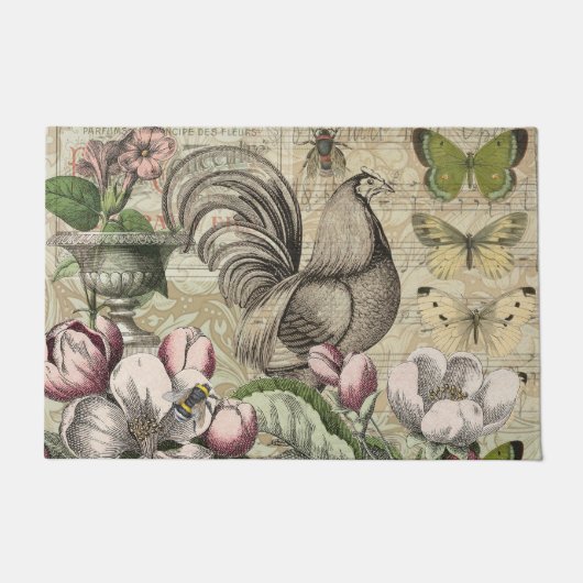 Rooster Tuin Bloem Vlinder Kunst Deurmat (Voorkant)