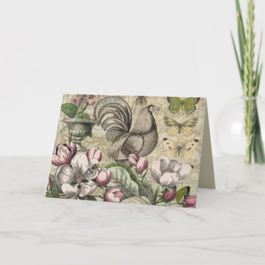 Rooster Tuin Bloem Vlinder Kunst Feestdagen Kaart (Voorkant)