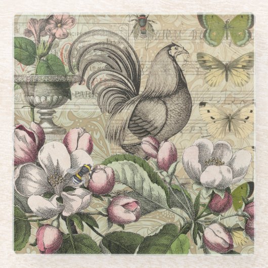 Rooster Tuin Bloem Vlinder Kunst Glazen Onderzetter (Voorkant)