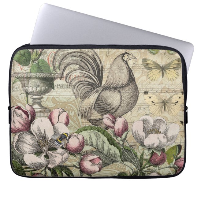 Rooster Tuin Bloem Vlinder Kunst Laptop Sleeve (Voorkant)