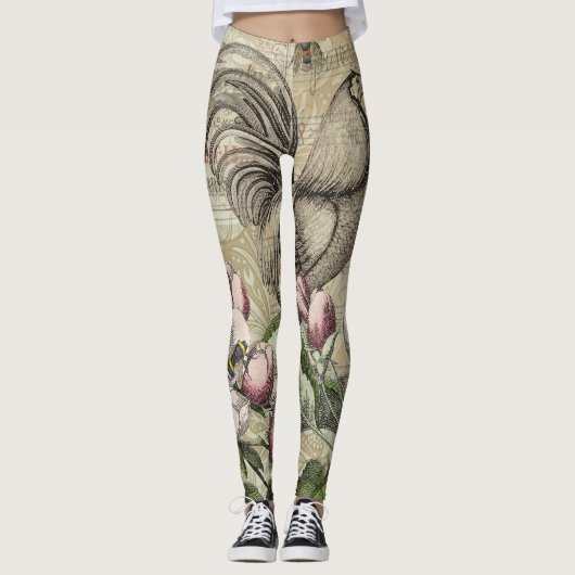 Rooster Tuin Bloem Vlinder Kunst Leggings (Voorkant)