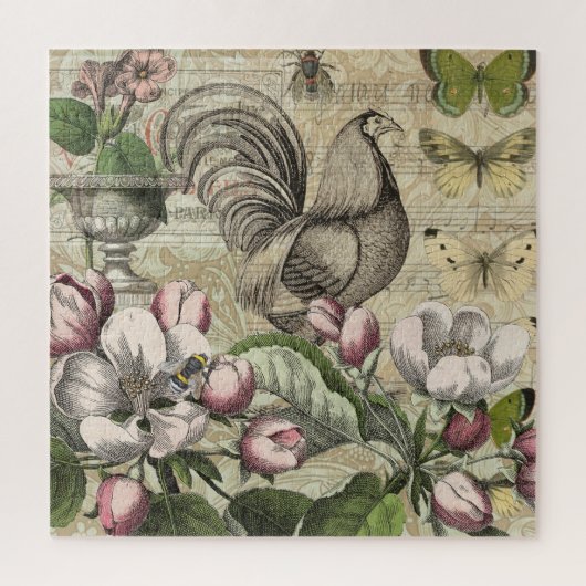 Rooster Tuin Bloem Vlinder Kunst Legpuzzel (Verticaal)