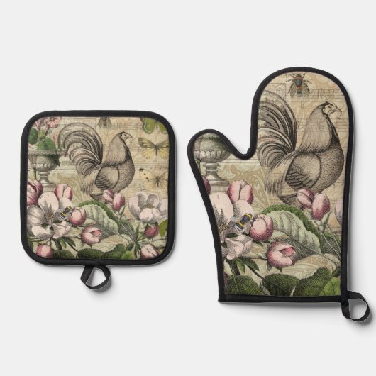 Rooster Tuin Bloem Vlinder Kunst Ovenwant & Pannenlap Set (Voorkant)