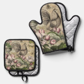 Rooster Tuin Bloem Vlinder Kunst Ovenwant & Pannenlap Set (Voorkant / Achterkant)