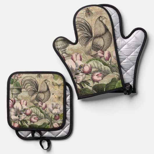 Rooster Tuin Bloem Vlinder Kunst Ovenwant & Pannenlap Set (Voorkant / Achterkant)