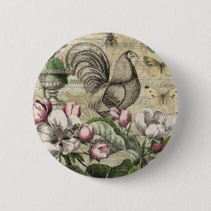 Rooster Tuin Bloem Vlinder Kunst Ronde Button 5,7 Cm