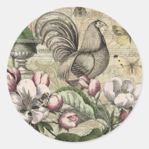 Rooster Tuin Bloem Vlinder Kunst Ronde Sticker