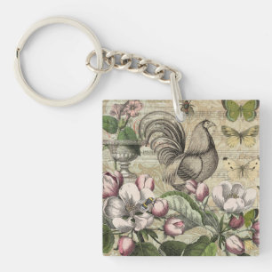 Rooster Tuin Bloem Vlinder Kunst Sleutelhanger