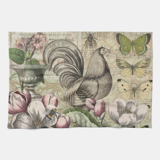 Rooster Tuin Bloem Vlinder Kunst Theedoek (Horizontaal)