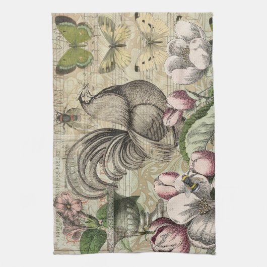 Rooster Tuin Bloem Vlinder Kunst Theedoek (Verticaal)