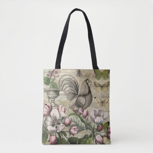 Rooster Tuin Bloem Vlinder Kunst Tote Bag (Voorkant)