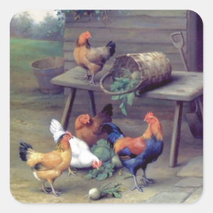 Rooster Turnip Basket Hens Vierkante Sticker