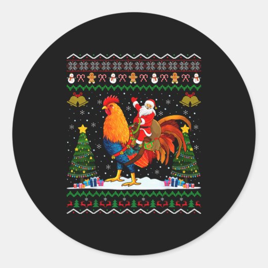 Rooster Ugly Xmas Gift Santa Riding Rooster Christ Ronde Sticker (Voorkant)