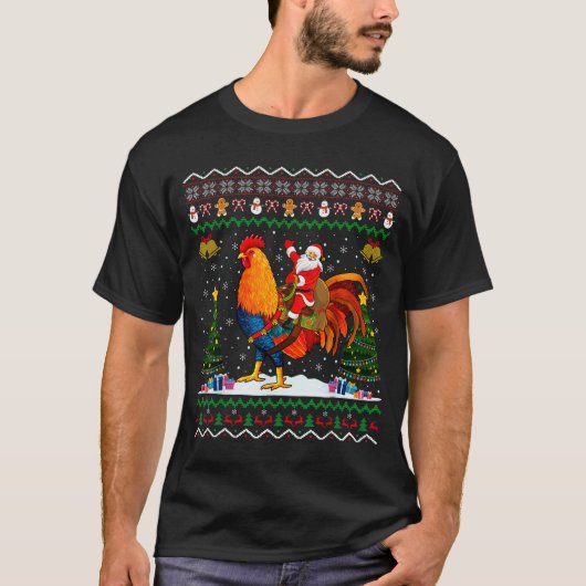 Rooster Ugly Xmas Gift Santa Riding Rooster Christ T-shirt (Voorkant)