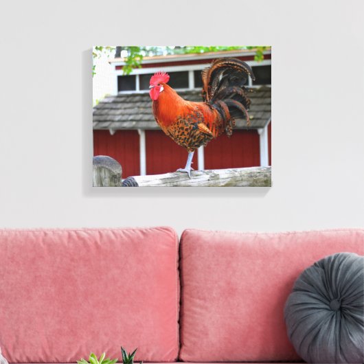 Rooster van Red Junglefowl op een hek Canvas Afdruk (Insitu (Woonkamer))