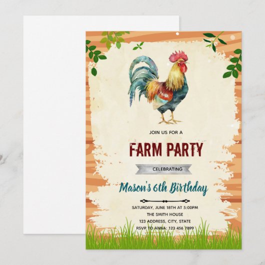 Rooster verjaardagsfeestje uitnodiging (Voorkant / Achterkant)