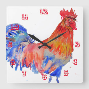Rooster Waterverf Chicken Childrens Room Clock Vierkante Klok