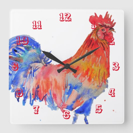 Rooster Waterverf Chicken Childrens Room Clock Vierkante Klok (Voorkant)