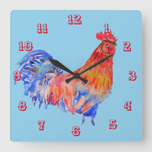 Rooster Waterverf Chicken Childrens Room Clock Vierkante Klok (Voorkant)