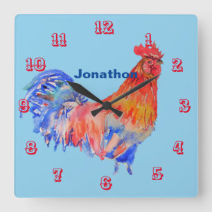 Rooster Waterverf Chicken Childrens Room Clock Vierkante Klok